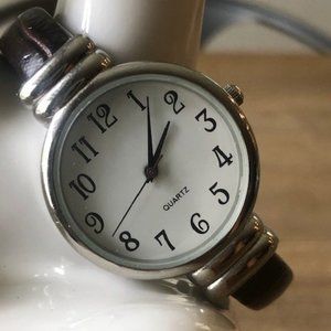 Women's Silver and Brown Leather Bangle Watch